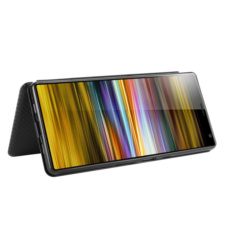 Para Sony Xperia 10 Funda de cuero con tapa magnética horizontal con textura de fibra de carbono TPU + PC + PU con ranura para tarjeta