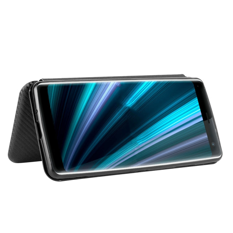 Para Sony Xperia XZ3 Funda de cuero con textura de fibra de carbono con tapa magnética horizontal TPU + PC + PU con ranura para tarjeta (negro)