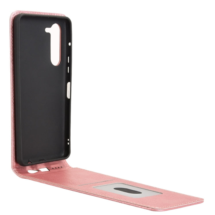 Funda de Cuero con Tapa Vertical Magnética para Fujitsu Arrows F-51E We2 Plus (Oro Rosa)
