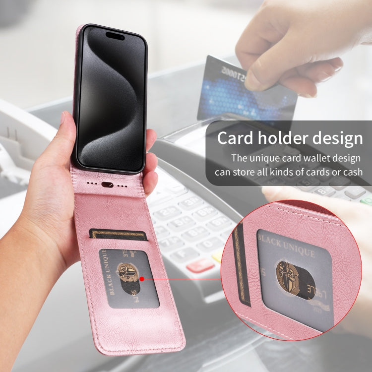 Funda de Cuero para iPhone 15 Pro Tapa Vertical Magnética (Oro Rosa)