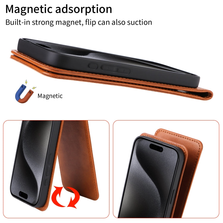 Funda de Cuero con Tapa Vertical Magnética para iPhone 15 Pro (Marrón)