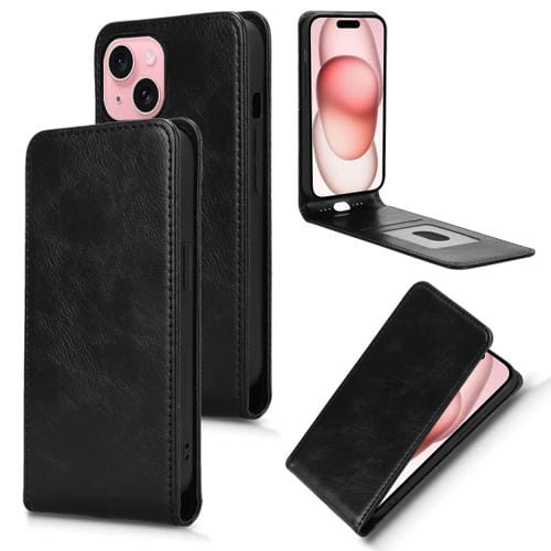 Funda de Cuero con Tapa Vertical Magnética para iPhone 15 (Negra)