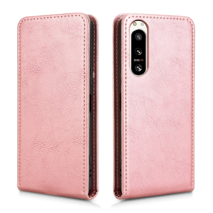 Funda de Cuero con Tapa Vertical Magnética para Sony Xperia 5 Iv (Oro Rosa)