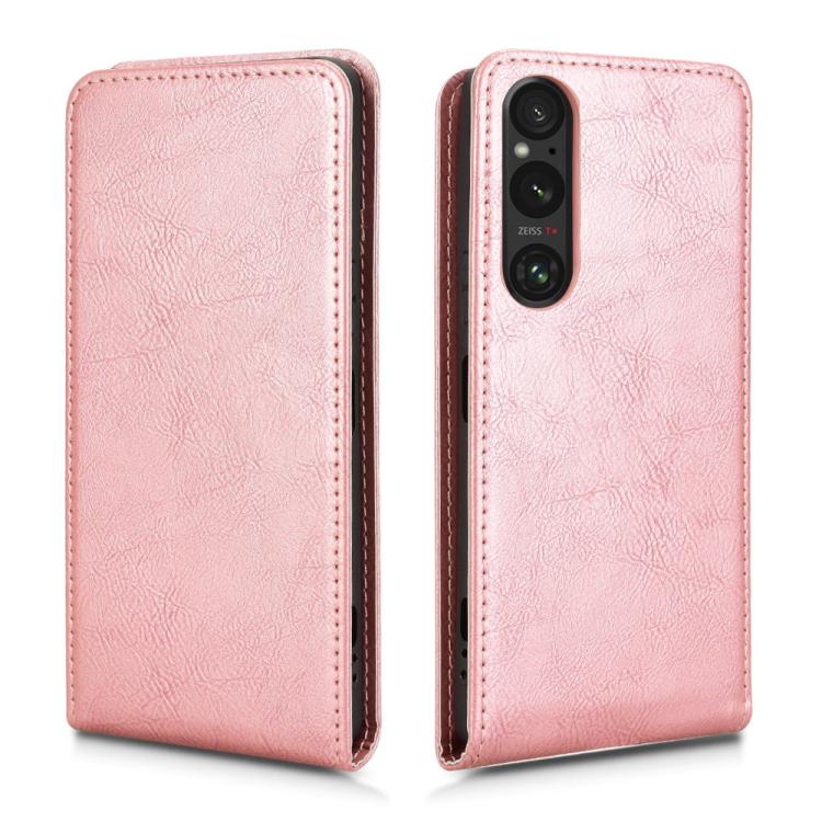 Funda de Cuero con Tapa Vertical Magnética para Sony Xperia 1 V (2023) (Oro Rosa)