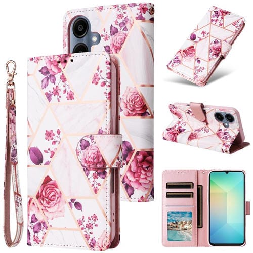 Funda de cuero con costuras en bronce y mármol para Samsung Galaxy A07 4G/5G (oro rosa)