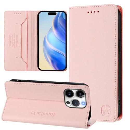 Funda de Cuero para iPhone 16 Pro Max Rc01 con Doble Pliegue y Succión Magnética (Rosa)