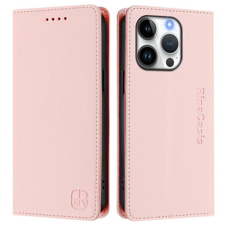 Funda de Cuero para iPhone 16 Pro Max Rc01 con Doble Pliegue y Succión Magnética (Rosa)