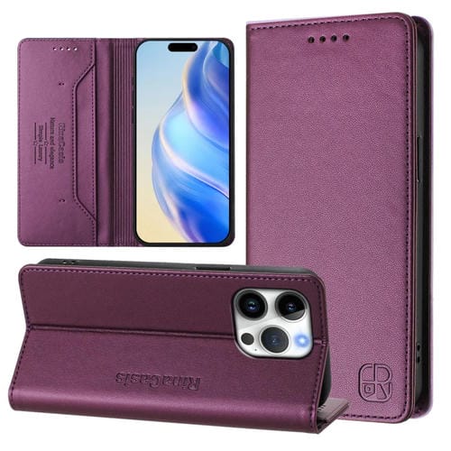 Funda de Cuero iPhone 16 Pro Max Rc01 Doble Pliegue Succión Magnética (Violeta)