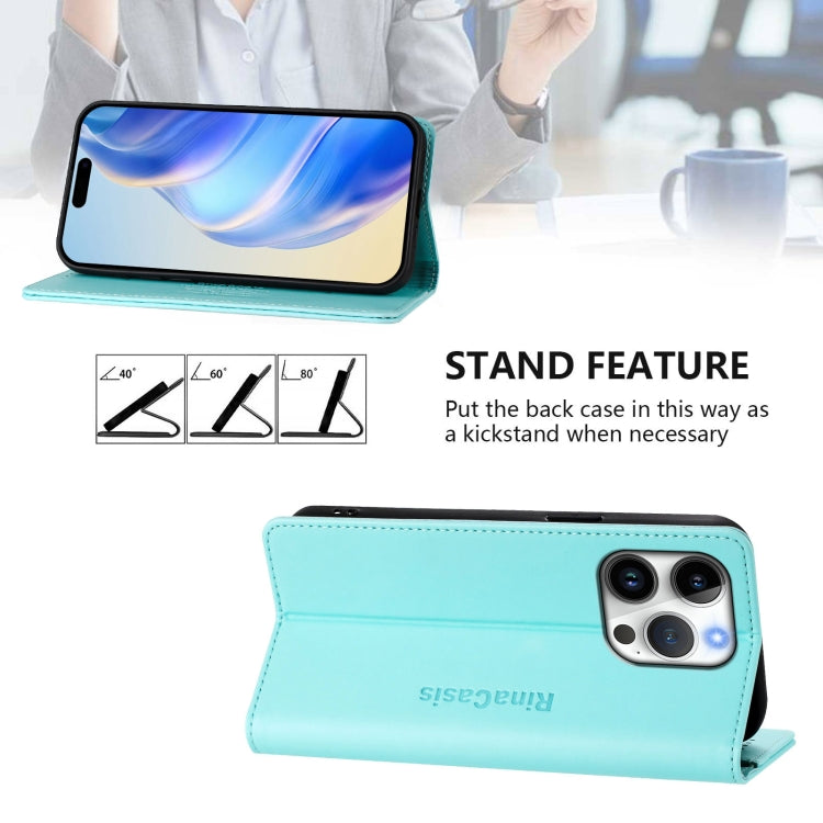 Funda de Cuero para iPhone 16 Pro Rc01 Doble Pliegue Succión Magnética (Verde Menta)