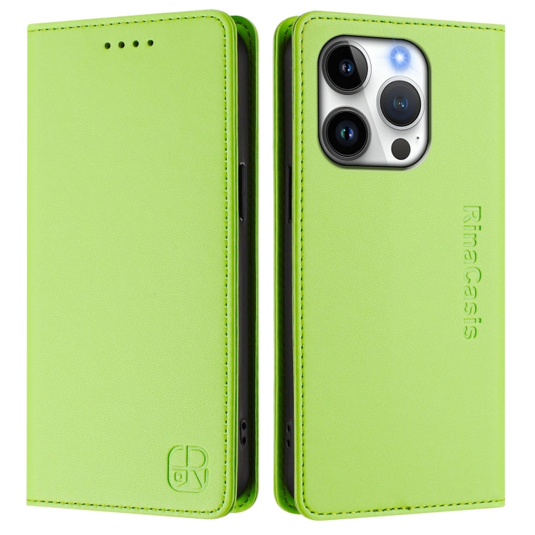 Funda de Cuero Rc01 para iPhone 16 Pro con Doble Pliegue y Succión Magnética (Verde Hierba)