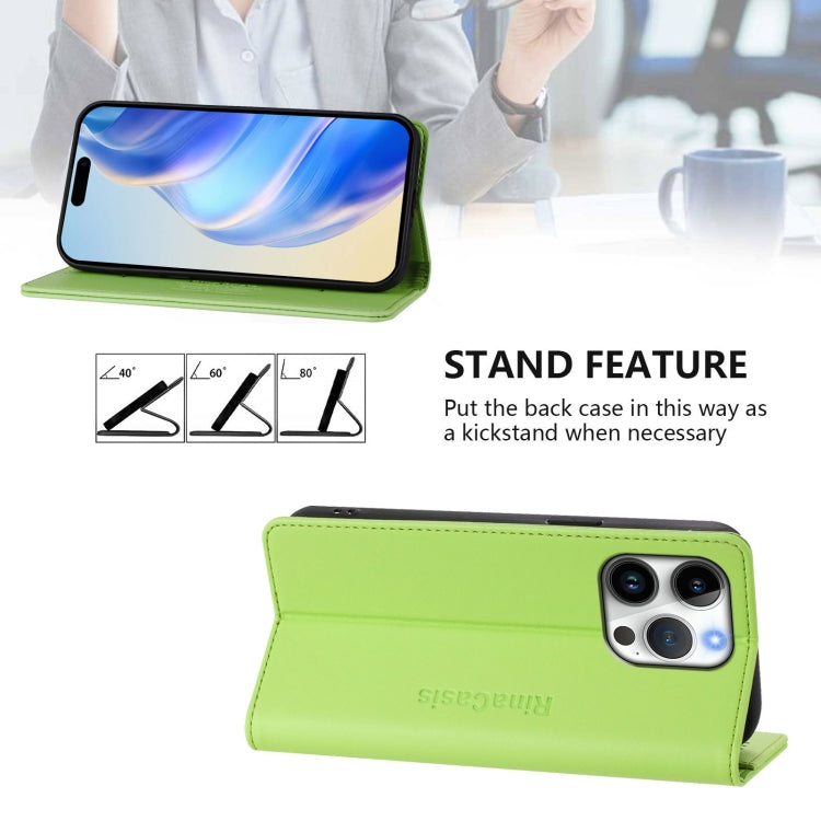 Funda de Cuero Rc01 para iPhone 16 Pro con Doble Pliegue y Succión Magnética (Verde Hierba)