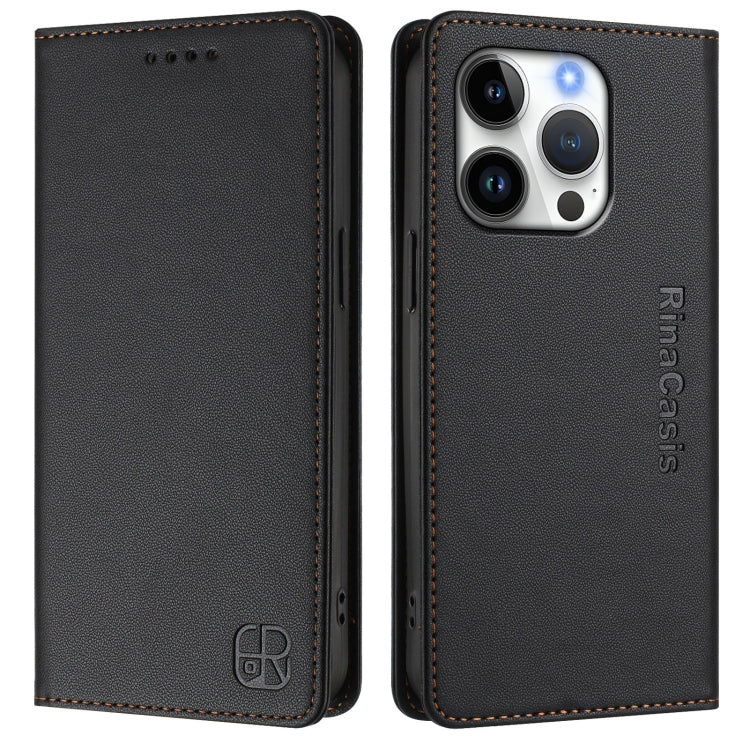 Funda de Cuero con Doble Pliegue y Succión Magnética para iPhone 16 Pro Rc01 (Negra)
