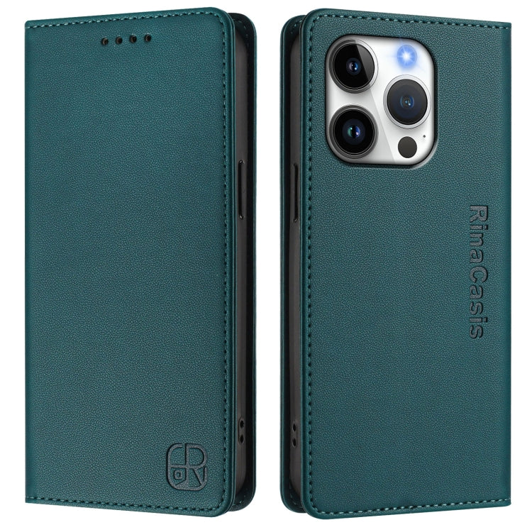 Funda de Cuero para iPhone 16 Pro Rc01 Doble Pliegue Succión Magnética (Verde Oscuro)