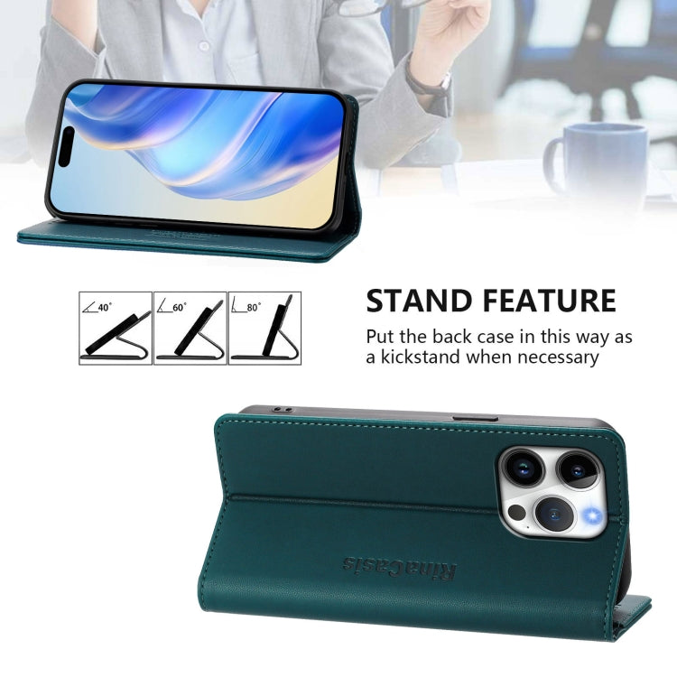Funda de Cuero para iPhone 16 Pro Rc01 Doble Pliegue Succión Magnética (Verde Oscuro)