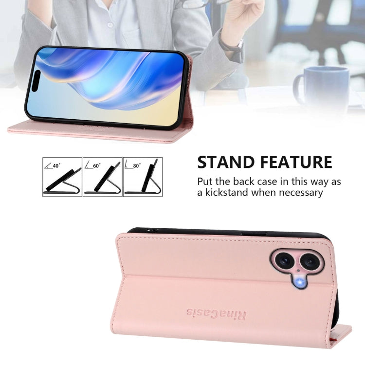 Funda de Cuero Rc01 para iPhone 16 Plus con Doble Pliegue y Succión Magnética (Rosa)