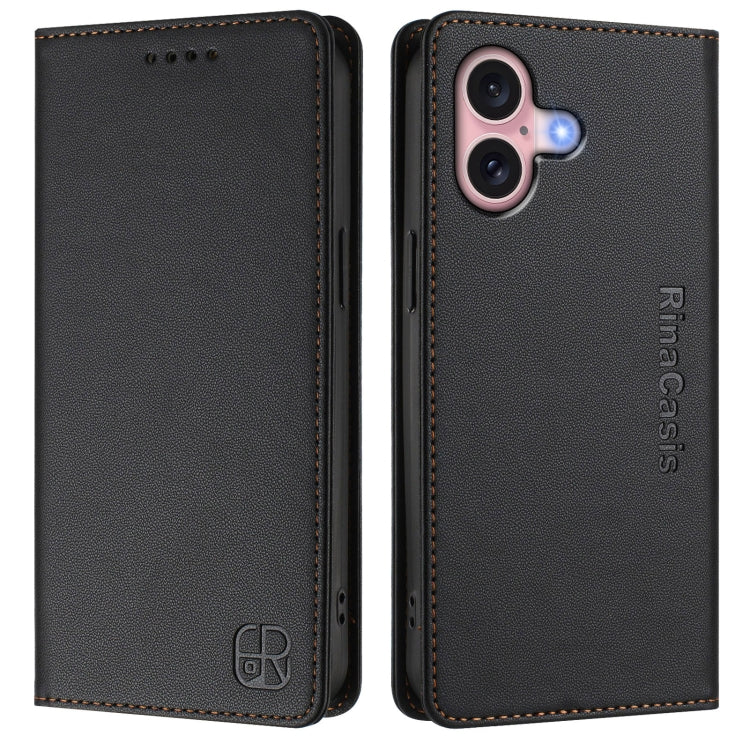 Funda de Cuero Rc01 para iPhone 16 Plus con Doble Pliegue y Succión Magnética (Negra)