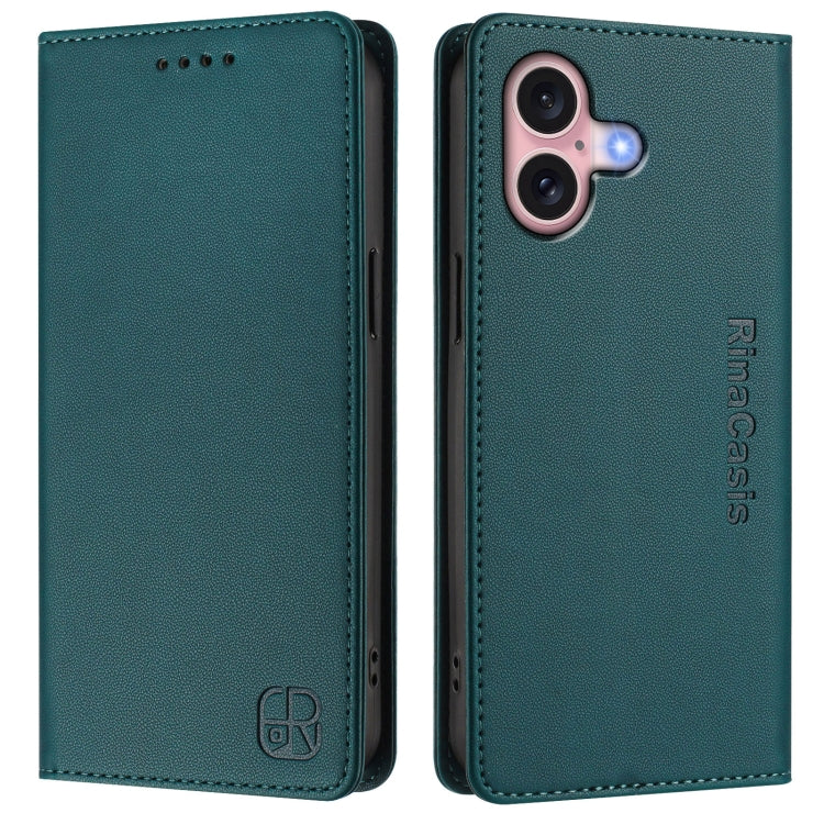 Funda de Cuero para iPhone 16 Plus Rc01 Doble Pliegue Succión Magnética (Verde Oscuro)