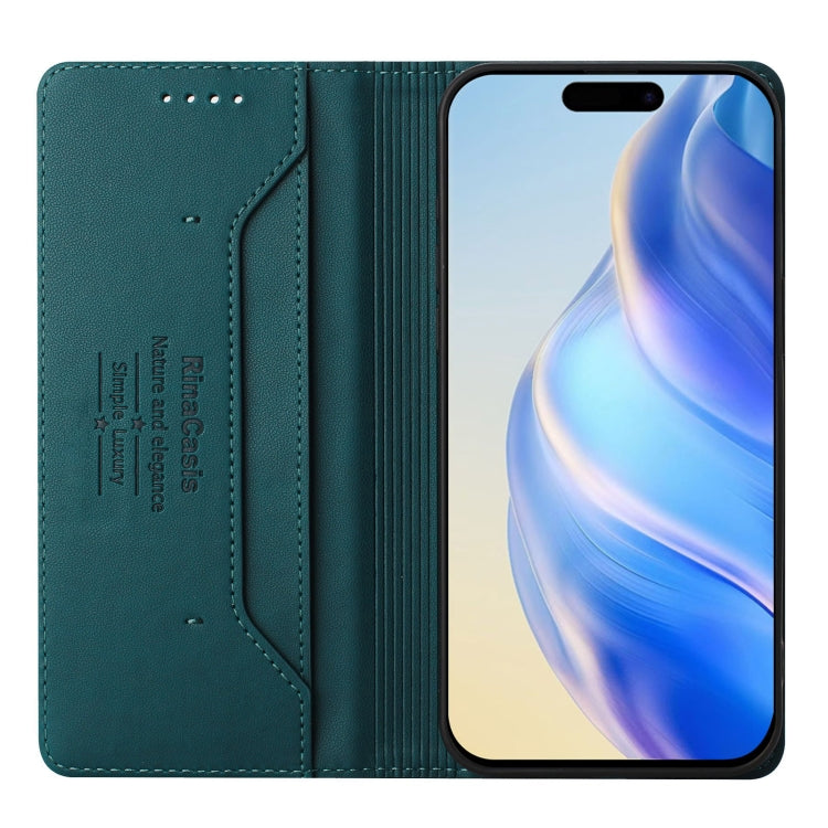 Funda de Cuero para iPhone 16 Plus Rc01 Doble Pliegue Succión Magnética (Verde Oscuro)