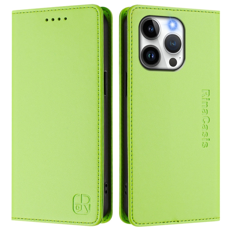 Funda de Cuero iPhone 15 Pro Max Rc01 Doble Pliegue Succión Magnética (Verde Hierba)