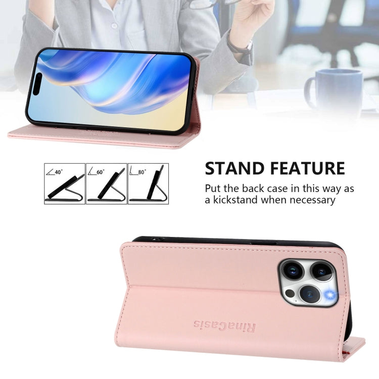 Funda de Cuero para iPhone 15 Pro Max Rc01 Doble Pliegue Succión Magnética (Rosa)