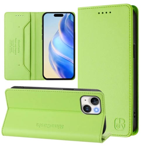 Funda de Cuero para iPhone 15 Rc01 Doble Pliegue y Succión Magnética (Verde Hierba)