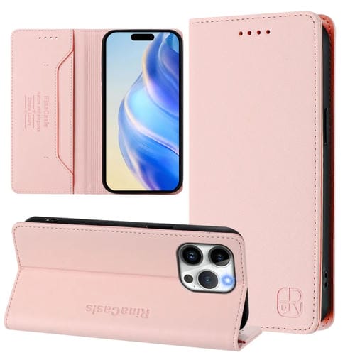 Funda de Cuero Rc01 para iPhone 14 Pro con Doble Pliegue y Succión Magnética (Rosa)