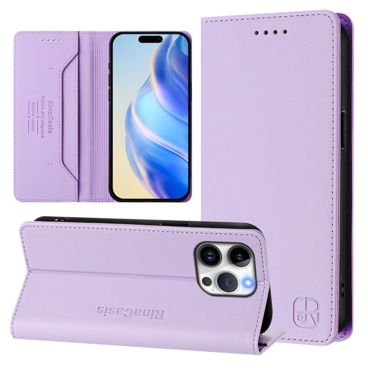 Funda de Cuero Rc01 para iPhone 14 Pro con Doble Pliegue y Succión Magnética (Morado Claro)