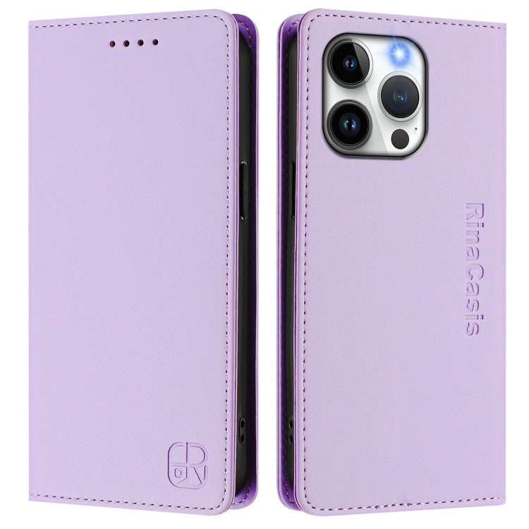 Funda de Cuero Rc01 para iPhone 14 Pro con Doble Pliegue y Succión Magnética (Morado Claro)
