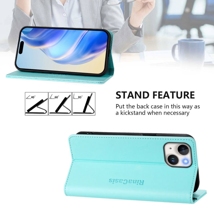 Funda de Cuero para iPhone 13 Mini Rc01 Doble Pliegue Succión Magnética (Verde Menta)