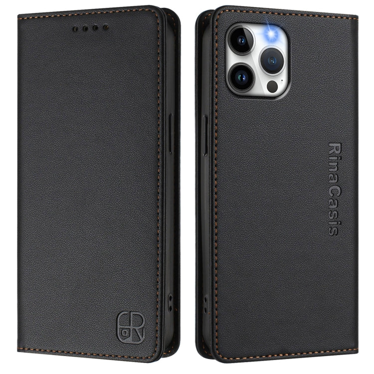 Funda de Cuero Rc01 para iPhone 12 Pro Max con Doble Pliegue y Succión Magnética (Negra)
