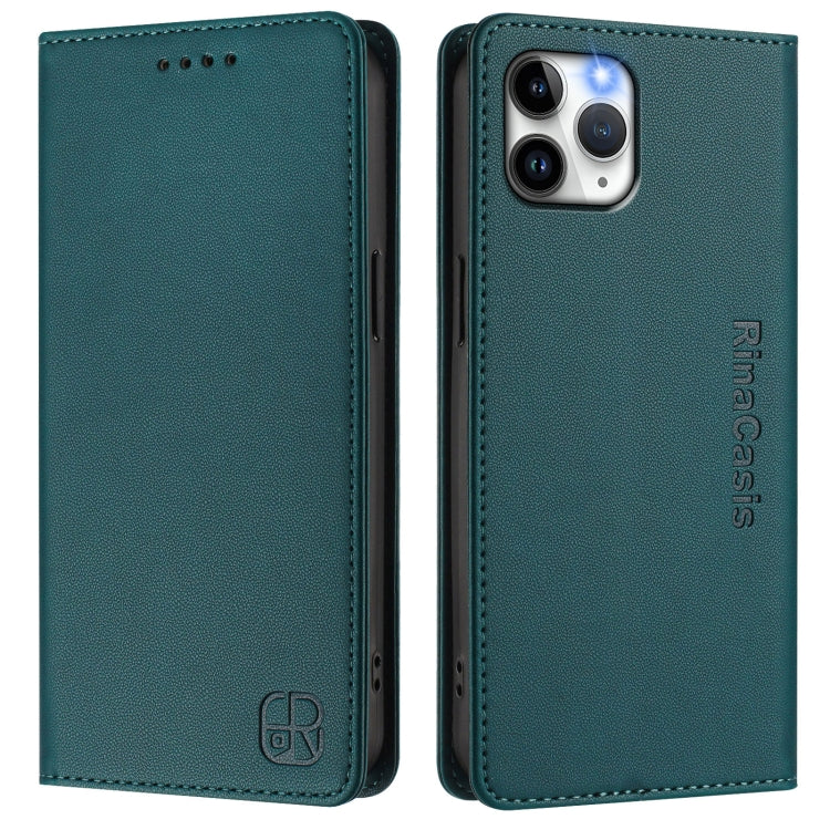 Funda de Cuero Rc01 para iPhone 11 Pro con Doble Pliegue y Succión Magnética (Verde Oscuro)