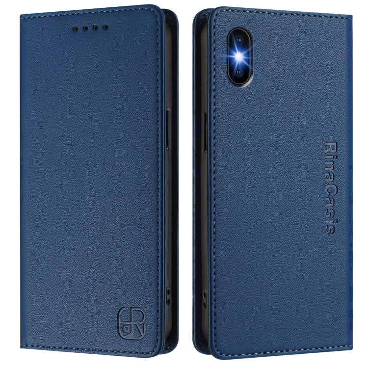 Funda de Cuero Rc01 para iPhone X/Xs con Doble Pliegue y Succión Magnética (Azul Oscuro)