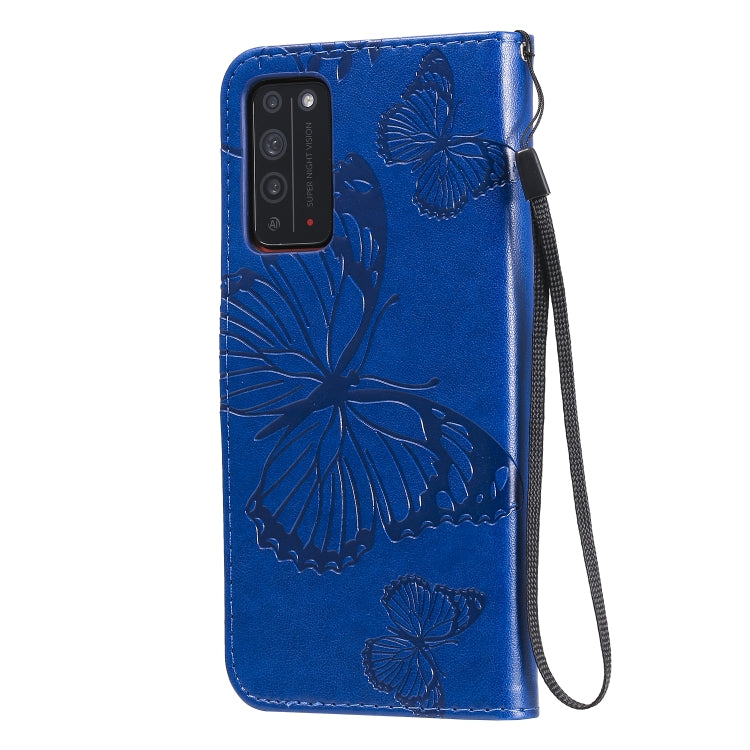 Para Huawei Honor X10 Patrón de estampado de mariposas en 3D Funda de cuero con tapa horizontal con soporte y ranura para tarjeta y billetera y cordón (azul)