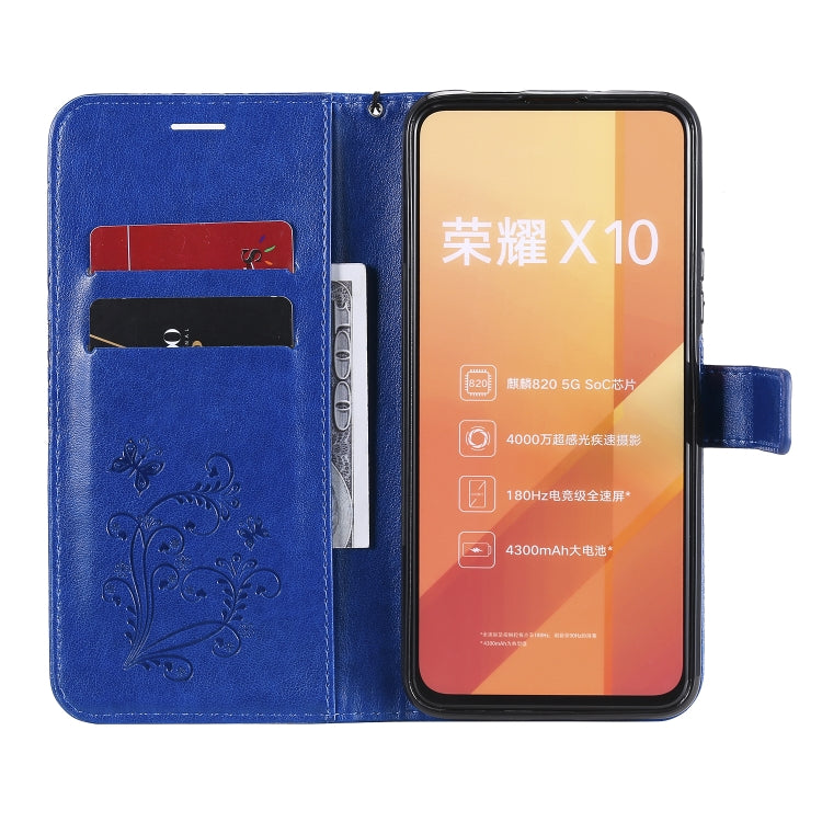 Para Huawei Honor X10 Patrón de estampado de mariposas en 3D Funda de cuero con tapa horizontal con soporte y ranura para tarjeta y billetera y cordón (azul)