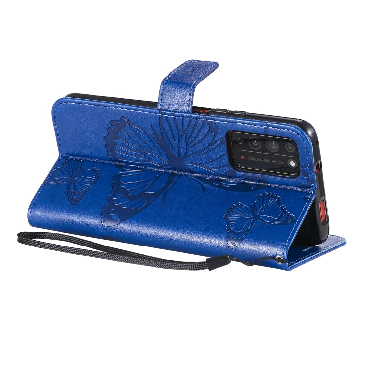Para Huawei Honor X10 Patrón de estampado de mariposas en 3D Funda de cuero con tapa horizontal con soporte y ranura para tarjeta y billetera y cordón (azul)