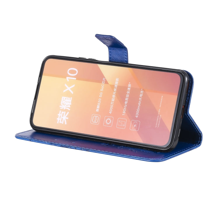 Para Huawei Honor X10 Patrón de estampado de mariposas en 3D Funda de cuero con tapa horizontal con soporte y ranura para tarjeta y billetera y cordón (azul)