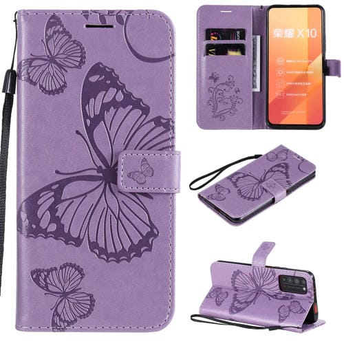 Para Huawei Honor X10 Patrón de estampado de mariposas en 3D Funda de cuero con tapa horizontal con soporte, ranura para tarjeta, billetera y cordón (púrpura)