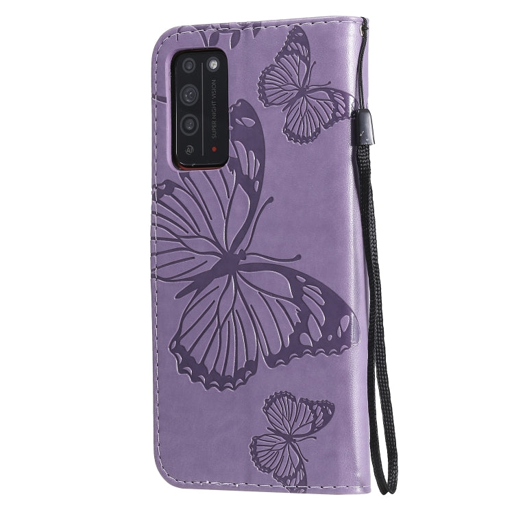 Para Huawei Honor X10 Patrón de estampado de mariposas en 3D Funda de cuero con tapa horizontal con soporte, ranura para tarjeta, billetera y cordón (púrpura)