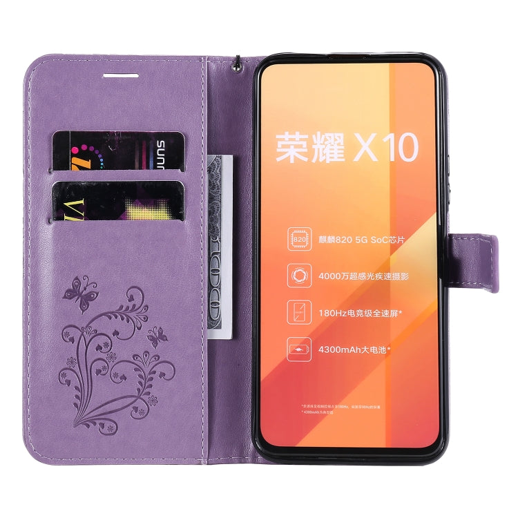 Para Huawei Honor X10 Patrón de estampado de mariposas en 3D Funda de cuero con tapa horizontal con soporte, ranura para tarjeta, billetera y cordón (púrpura)