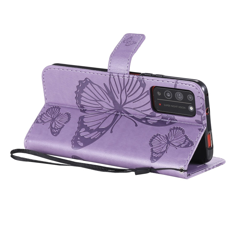 Para Huawei Honor X10 Patrón de estampado de mariposas en 3D Funda de cuero con tapa horizontal con soporte, ranura para tarjeta, billetera y cordón (púrpura)