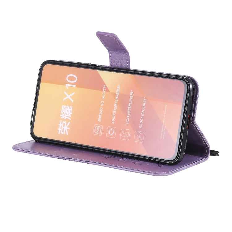 Para Huawei Honor X10 Patrón de estampado de mariposas en 3D Funda de cuero con tapa horizontal con soporte, ranura para tarjeta, billetera y cordón (púrpura)