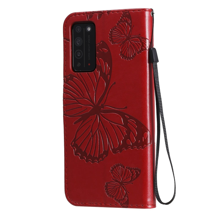 Para Huawei Honor X10 Patrón de estampado de mariposas en 3D Funda de cuero con tapa horizontal con soporte, ranura para tarjeta, billetera y cordón (rojo)
