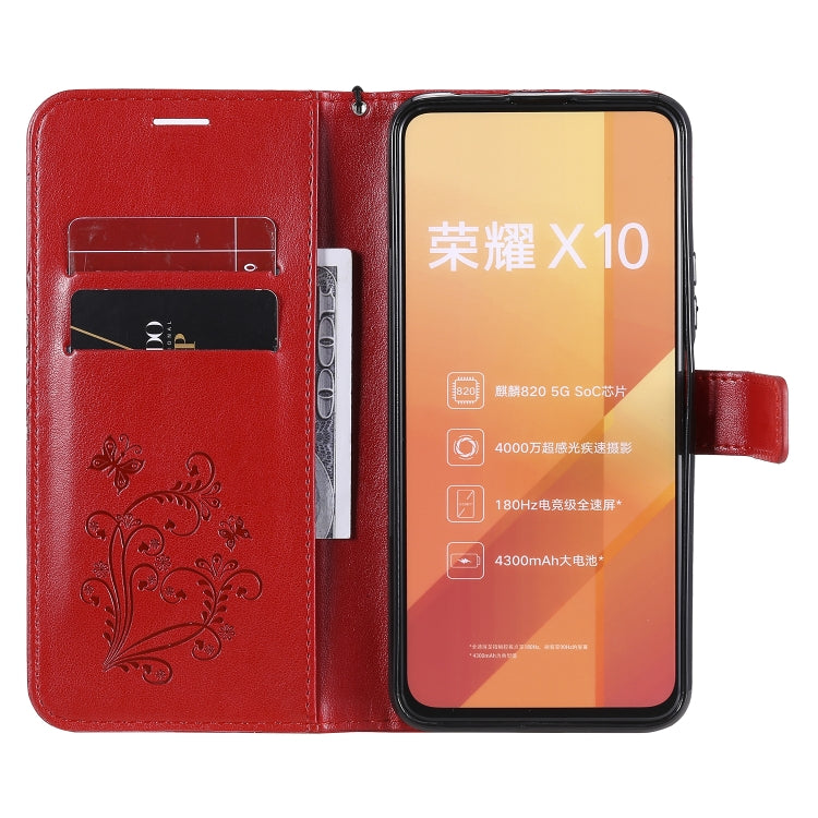 Para Huawei Honor X10 Patrón de estampado de mariposas en 3D Funda de cuero con tapa horizontal con soporte, ranura para tarjeta, billetera y cordón (rojo)