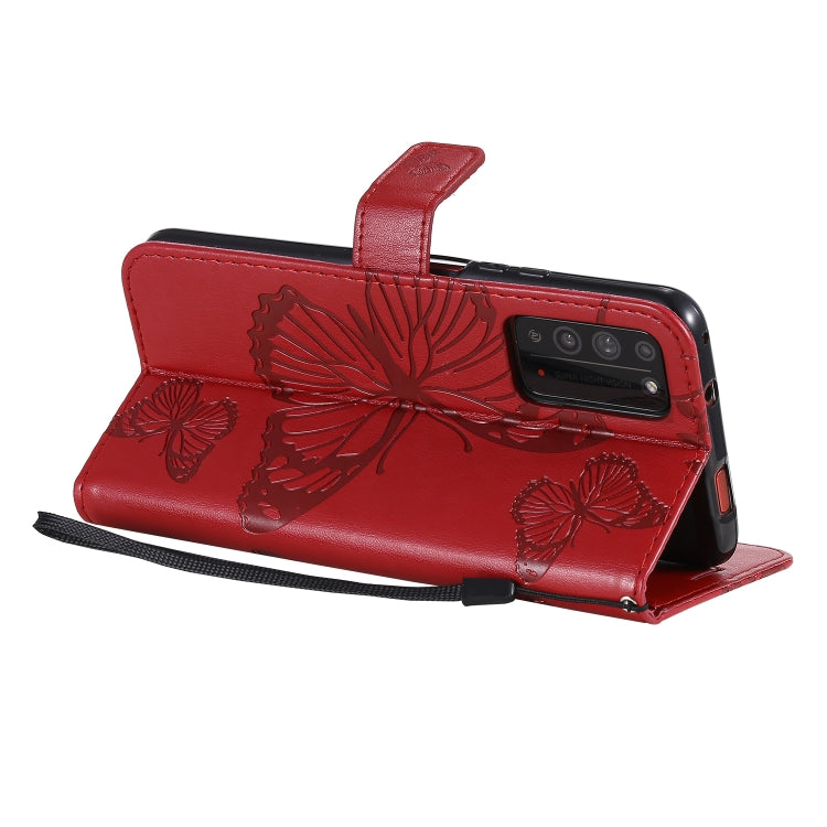 Para Huawei Honor X10 Patrón de estampado de mariposas en 3D Funda de cuero con tapa horizontal con soporte, ranura para tarjeta, billetera y cordón (rojo)