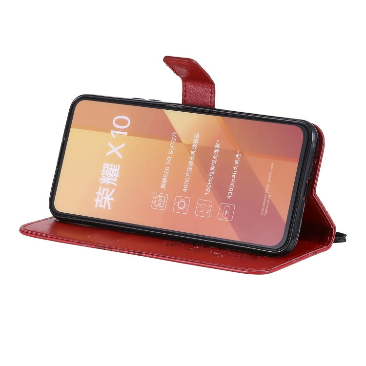 Para Huawei Honor X10 Patrón de estampado de mariposas en 3D Funda de cuero con tapa horizontal con soporte, ranura para tarjeta, billetera y cordón (rojo)