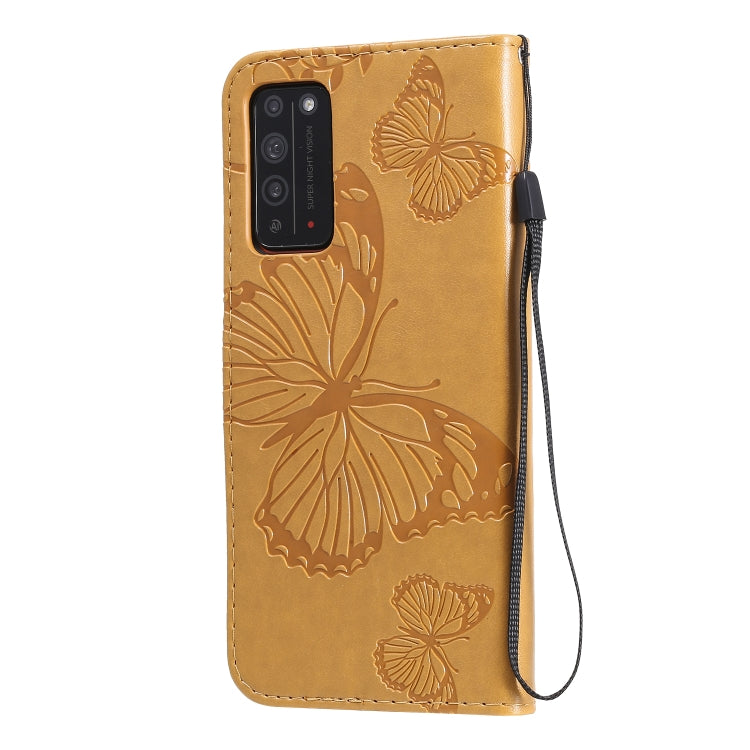 Para Huawei Honor X10 Patrón de estampado de mariposas en 3D Funda de cuero con tapa horizontal con soporte y ranura para tarjeta y billetera y cordón (amarillo)