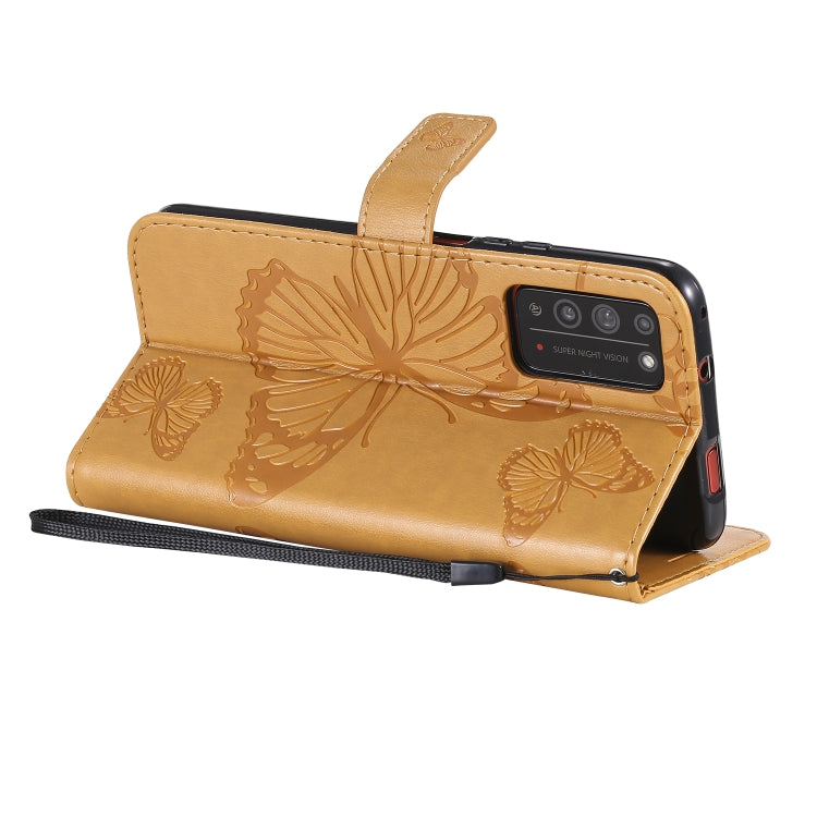 Para Huawei Honor X10 Patrón de estampado de mariposas en 3D Funda de cuero con tapa horizontal con soporte y ranura para tarjeta y billetera y cordón (amarillo)