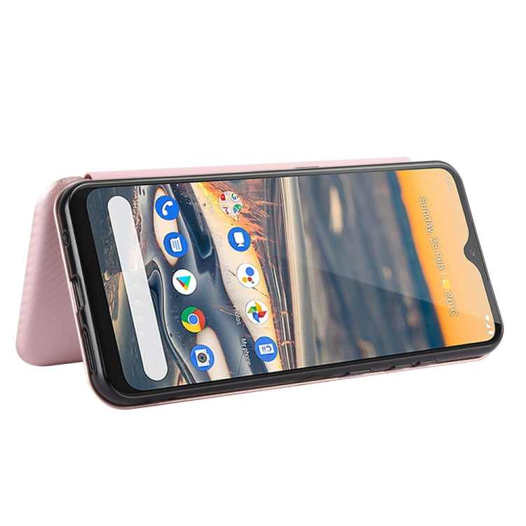 Para Nokia 5.3 Carcasa de cuero con tapa magnética horizontal con textura de fibra de carbono TPU + PC + PU con ranura para tarjeta (rosa)