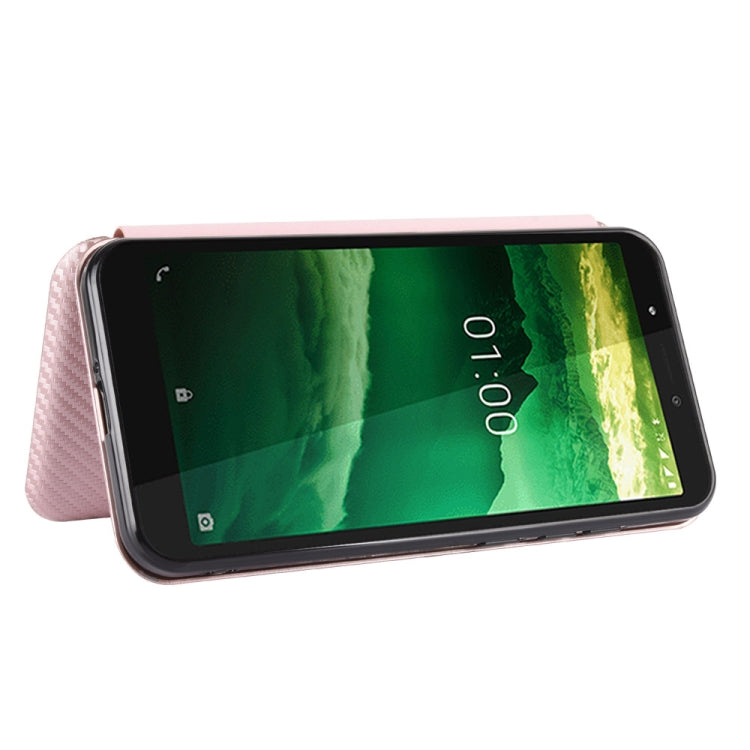Para Nokia C2 Carcasa de cuero con textura de fibra de carbono magnética con tapa horizontal TPU + PC + PU con ranura para tarjeta (rosa)