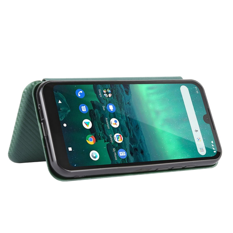 Para Nokia 1.3 Carcasa de cuero con tapa magnética horizontal con textura de fibra de carbono TPU + PC + PU con ranura para tarjeta (verde)